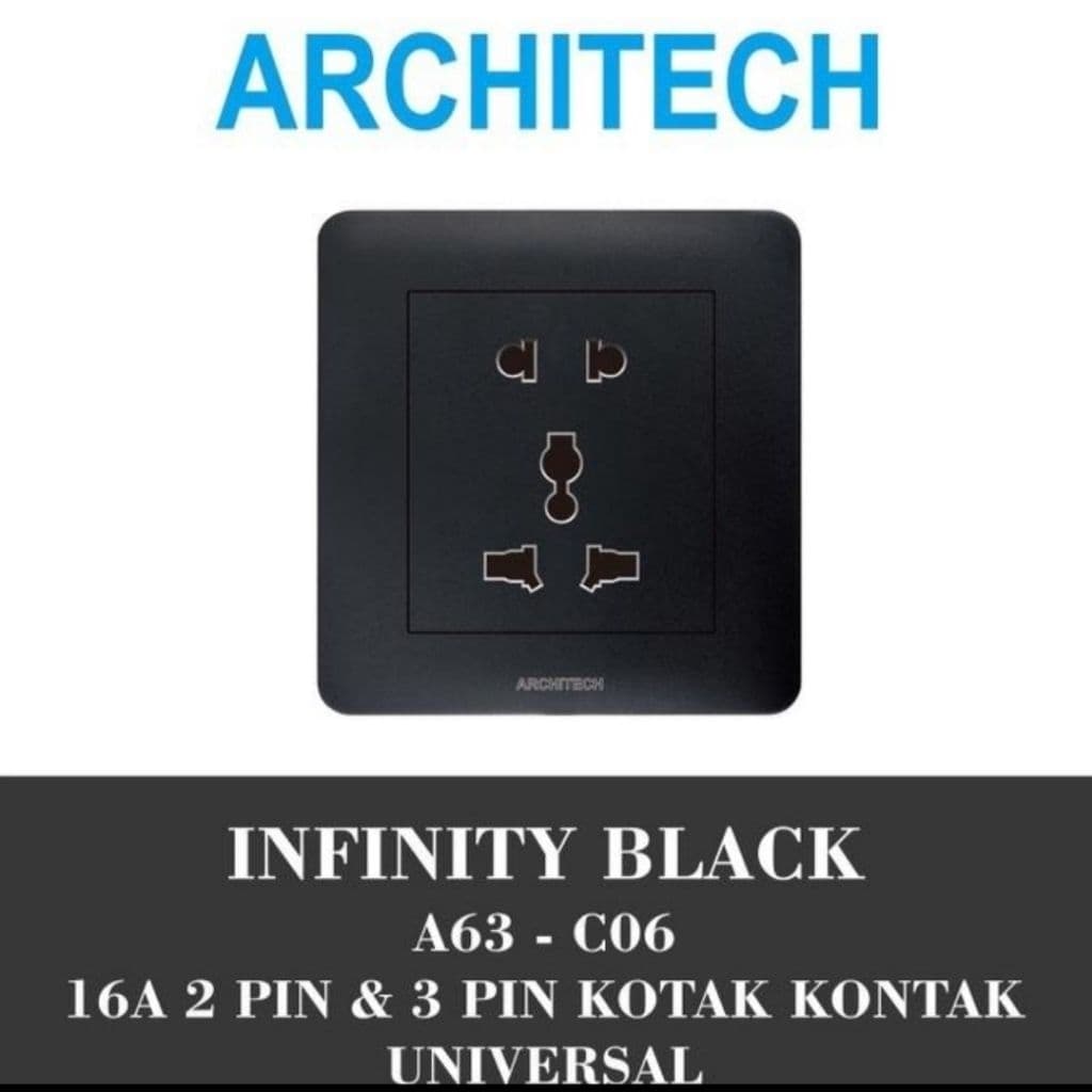 Architech Infinity Series Black A63-C06 Stop Kontak Universal 16A 2Pin & 3Pin