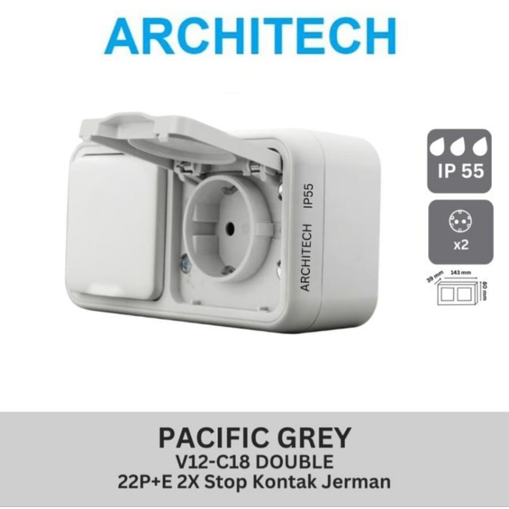 Architech Pacific OB Stop Kontak Double Jerman Waterproof V12-C18 Double Grey