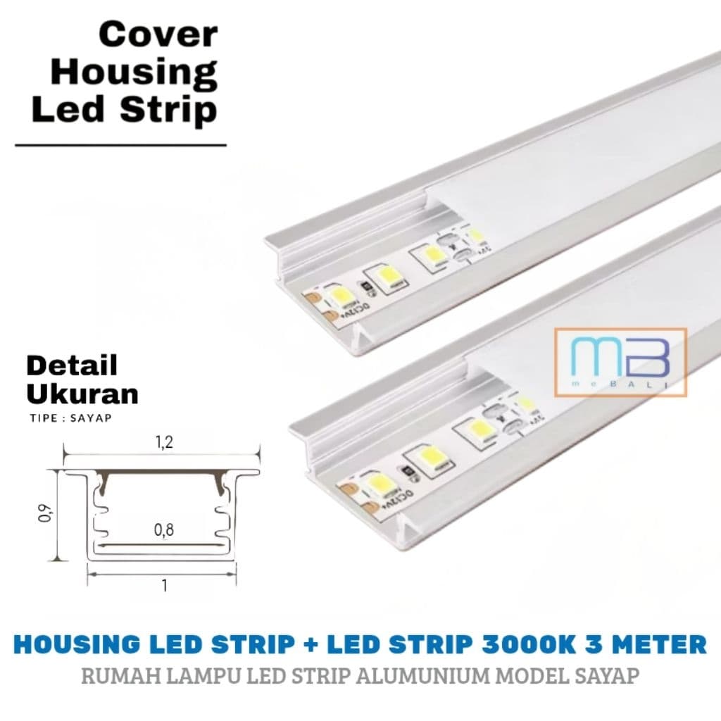 Housing Alluminium Led Strip + Led Strip 3000K Warm White Model Sayap Acrylic Cover 3 Meter