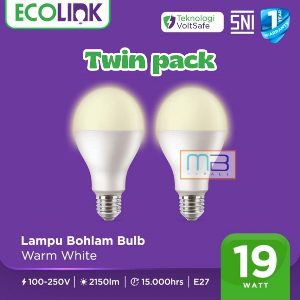 Ecolink Lampu Led Bulb E27 19W Twin pack (2 PCS) 3000K Warm White Kuning