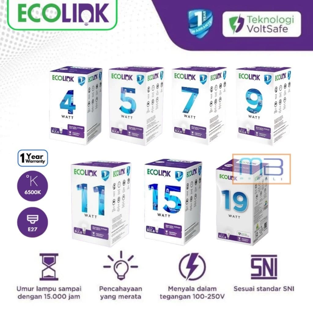 ECOLINK Lampu Led Bulb E27 6500K 4W 5W 7W 9W 11W 15W 19W 6500K Cool Daylight Putih