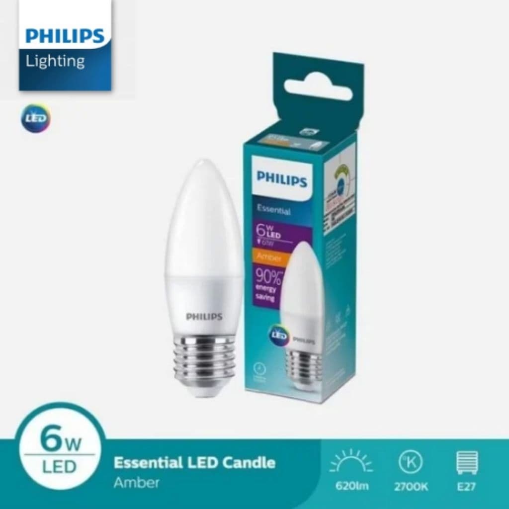 Lampu Bohlam Philips EssLed Candle 2700K E27 Amber 6Watt Kuning
