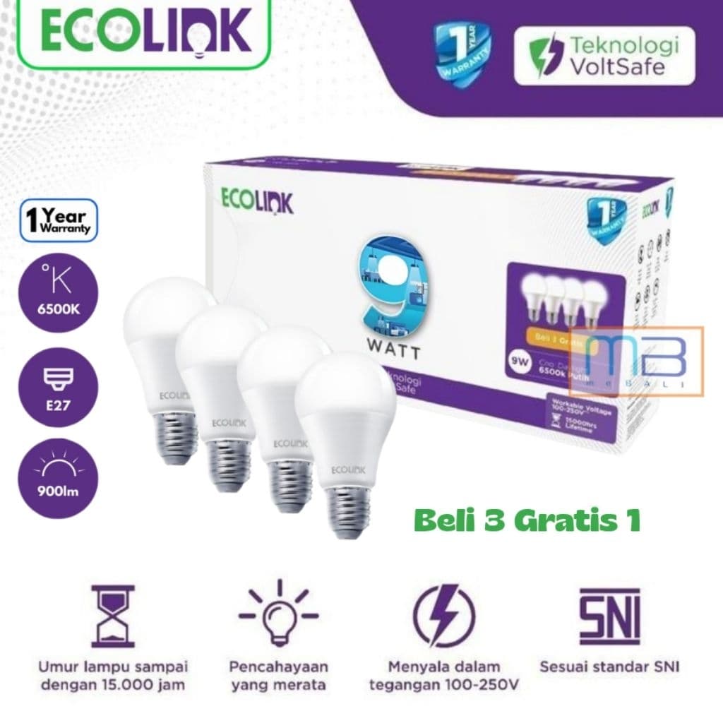 Ecolink Multipack 3 Gratis 1 Led Bulb 9 Watt Cool Daylight Isi 4pcs 6500K Putih