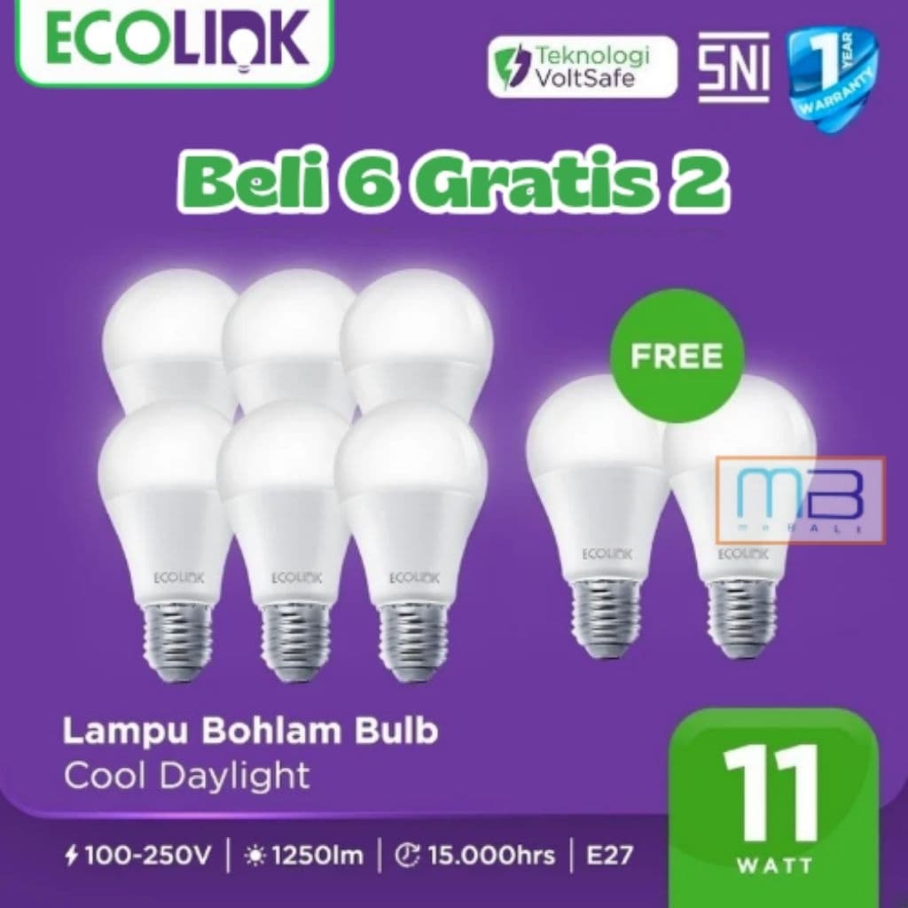Ecolink Lampu Led Bulb E27 11W 6500K Cool Daylight Putih– Beli 6 Gratis 2