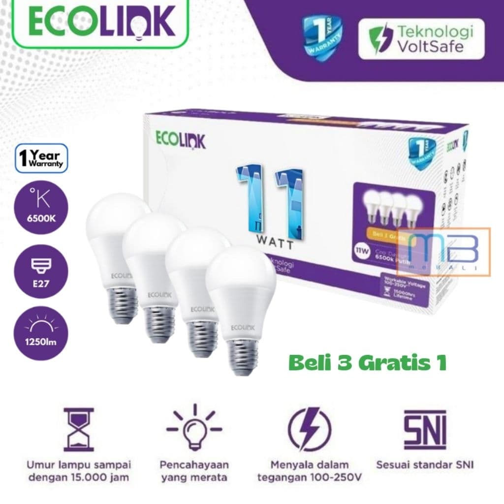 Ecolink Multipack 3 Gratis 1 Led Bulb 11 Watt Cool Daylight Isi 4pcs 6500K Putih
