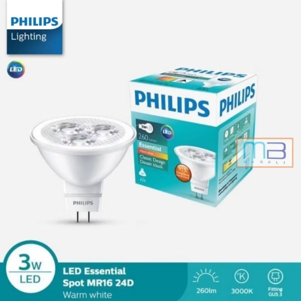 Philips MR16 3-35W Lampu Spotlight Essential GU 5.3 24D 12V 2700K Warm White