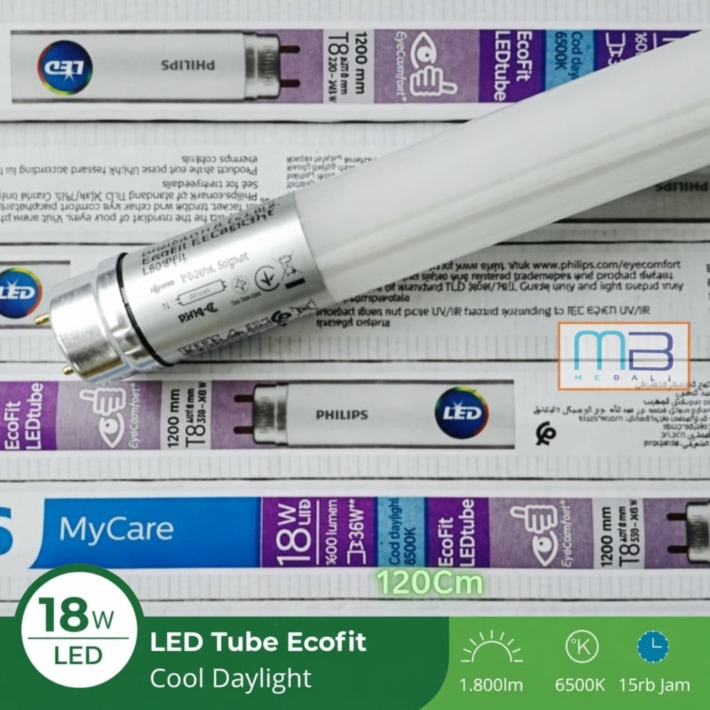 PHILIPS TL LED Tube ECOFIT T8 18W 120cm 1200mm industrial 765 6500K Putih Satu Sisi