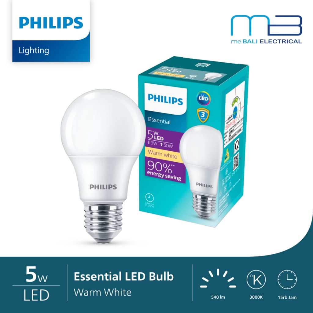 Lampu Philips Essential Led Bulb 3000K 3W 5W 7W 9W 11W 13W 15W Single Pack Warm white Kuning
