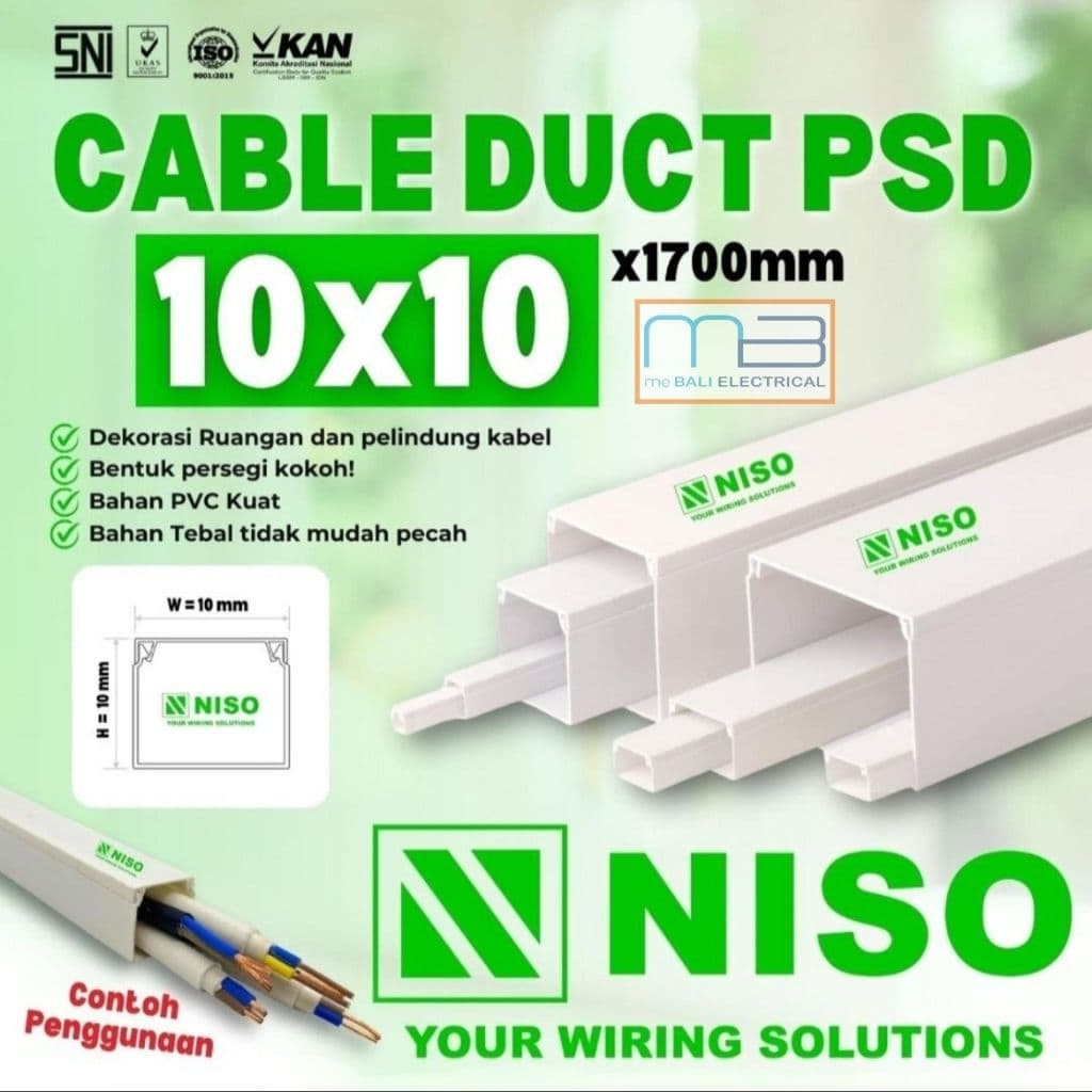 Niso Cable Duct PSD 10x10, 10x20,16x16,16x25, 25x25 Dak Wiring Protektor Panjang 1.7 Meter Tanpa Double Tape