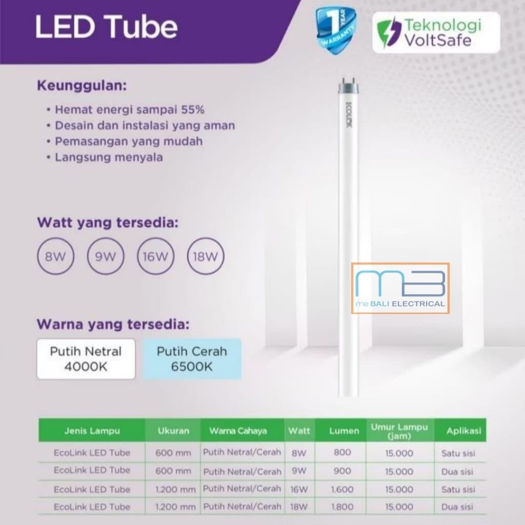 Ecolink Lampu DE Led Tube TL T8 18Watt 2Sisi 1200mm 120cm 765T8G13 6500K Putih